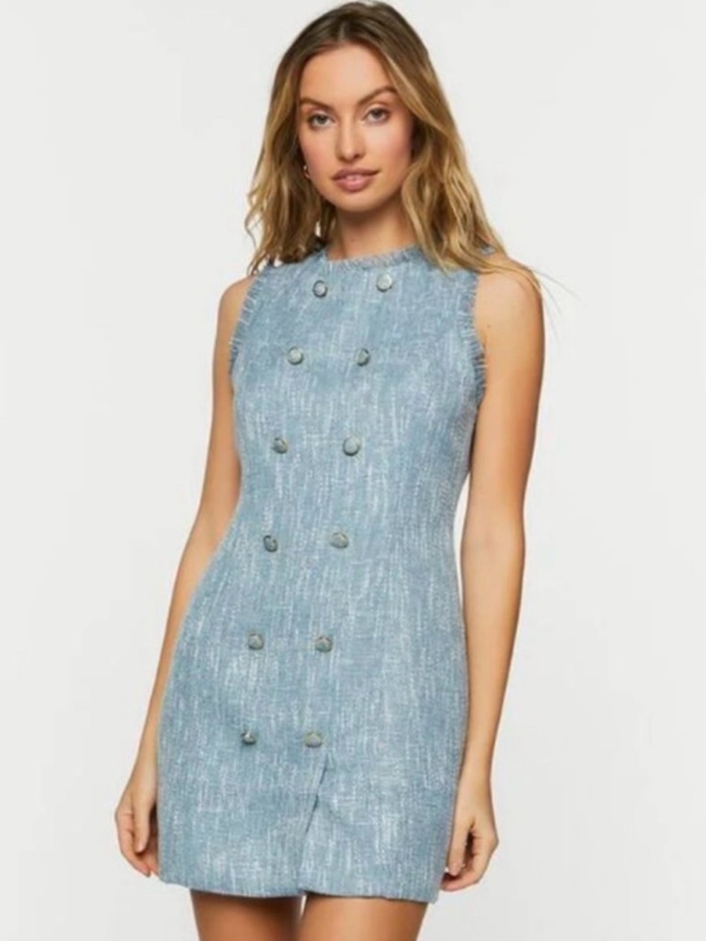 Forever 21 Light Blue Tweed Mini Dress with Gold Buttons